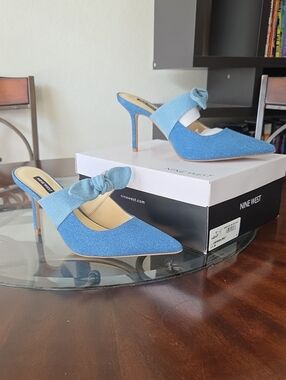 Nine West Light Blue Pointed Toe Knot Mule Heels